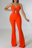 Tangerine Red Fashion Sexy Solid Hollowed Out Backless Spaghetti Strap Skinny Jumpsuits