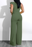 Army Green Solid Flounce V Neck Boot Cut Jumpsuits