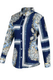 Multicolor Casual Print Patchwork Buckle Turndown Collar Tops