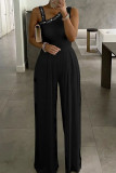 Black Sexy Solid Patchwork Hot Drill Asymmetrical Collar Straight Jumpsuits