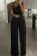 Black Sexy Solid Patchwork Hot Drill Asymmetrical Collar Straight Jumpsuits