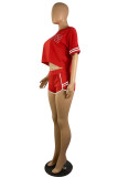 Red Fashion Casual Solid Embroidered O Neck Short Sleeve Two Pieces
