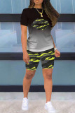 Red Fashion Casual Lips Printed Basic O Neck Short Sleeve Two Pieces