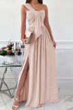 Pink Fashion Sexy Solid Patchwork Backless Slit One Shoulder Evening Dress Dresses