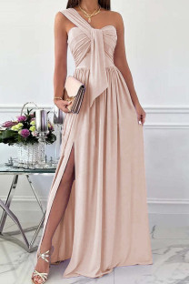 Pink Fashion Sexy Solid Split Joint Backless Slit One Shoulder Evening Dress Dresses