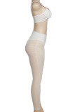 Cream White Sexy Solid Patchwork See-through Spaghetti Strap Sleeveless Two Pieces