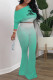 Light Green Fashion Sexy Gradual Change Letter Oblique Collar Long Sleeve Two Pieces