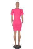 Rose Red Fashion Casual Solid Basic V Neck Short Sleeve Dress Dresses