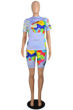 Pink Fashion Casual Print Basic O Neck Short Sleeve Two Pieces