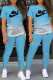 Baby Blue Fashion Casual Gradual Change Letter O Neck Short Sleeve Two Pieces