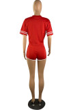 Red Fashion Casual Solid Embroidered O Neck Short Sleeve Two Pieces