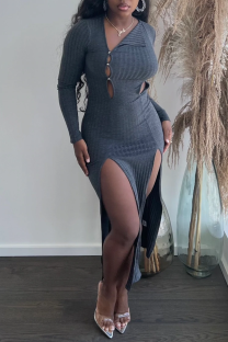 Dark Gray Fashion Sexy Solid Hollowed Out Slit V Neck Long Sleeve Dresses