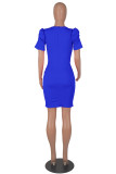 Color Blue Fashion Casual Solid Basic V Neck Short Sleeve Dress Dresses