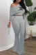 Grey Fashion Sexy Gradual Change Letter Oblique Collar Long Sleeve Two Pieces