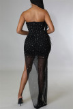 Black Fashion Sexy Patchwork Hot Drilling Backless Strapless Sleeveless Dress