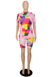 Pink Fashion Casual Print Basic O Neck Short Sleeve Two Pieces