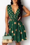 Green Fashion Sexy Dot Print Hollowed Out Backless V Neck Sleeveless Dress