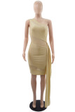 Yellow Fashion Sexy Solid Patchwork See-through Backless Oblique Collar Evening Dress