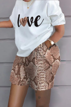 Snake Print Casual Print Patchwork O Neck Short Sleeve Two Pieces
