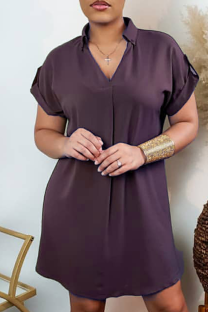 Purple Casual Solid Split Joint Turndown Collar Shirt Dress Dresses