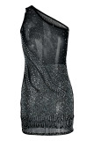 Apricot Fashion Sexy Patchwork Hot Drilling Backless One Shoulder Sleeveless Dress Dresses