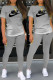 Grey Fashion Casual Gradual Change Letter O Neck Short Sleeve Two Pieces