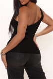 Black Sexy Casual Solid Backless One Shoulder Tops