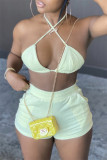 Beige Fashion Sexy Solid Bandage Backless Halter Sleeveless Two Pieces