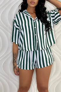 Green Casual Striped Print Patchwork Buckle Turndown Collar Short Sleeve Two Pieces