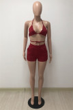 Rose Red Fashion Sexy Solid Bandage Backless Halter Sleeveless Two Pieces