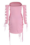 Pink Fashion Sexy Solid Bandage Hollowed Out Backless Off the Shoulder Long Sleeve Dresses