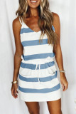 Blue Fashion Casual Striped Split Joint V Neck A Line Dresses