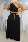 Ink Green Fashion Casual Solid Backless Slit One Shoulder Sleeveless Two Pieces (Without Waist Chain)