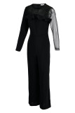 Black Fashion Casual Solid Patchwork See-through O Neck Regular Jumpsuits