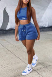 Blue Casual Sportswear Solid Patchwork O Neck Two Pieces
