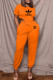 Orange Fashion Sportswear Print Letter O Neck Short Sleeve Two Pieces