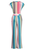Multicolor Fashion Casual Striped Print Basic O Neck Short Sleeve Two Pieces
