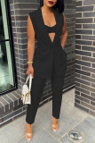 Black Fashion Casual Solid Cardigan Pants Turndown Collar Sleeveless Two Pieces