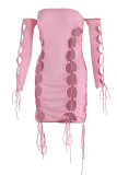 Pink Fashion Sexy Solid Bandage Hollowed Out Backless Off the Shoulder Long Sleeve Dresses
