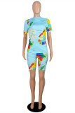 Pink Fashion Casual Print Basic O Neck Short Sleeve Two Pieces