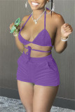 Purple Fashion Sexy Solid Bandage Backless Halter Sleeveless Two Pieces