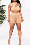 Khaki Fashion Casual Solid Hollowed Out O Neck Sleeveless Two Pieces