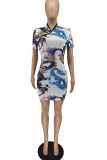 White Casual Print Patchwork One Step Skirt Dresses