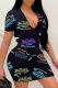 Black Sexy Print Patchwork V Neck Pencil Skirt Dresses