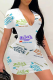 White Sexy Print Patchwork V Neck Pencil Skirt Dresses