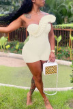 Cream White Sexy Solid Patchwork Asymmetrical Stringy Selvedge Strapless Regular Rompers