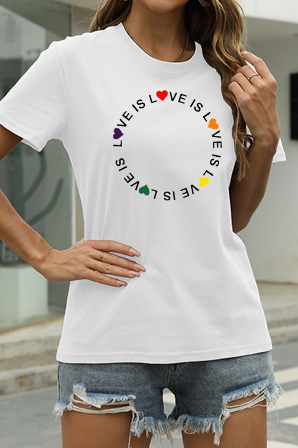 White Fashion Casual Print Basic O Neck T-Shirts