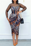 Brown Fashion Casual Print Patchwork See-through O Neck Long Sleeve Dresses