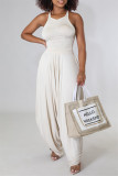 Cream White Fashion Casual Solid Fold Vests O Neck Sleeveless Two Pieces