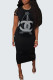Black Fashion Casual Print Ripped O Neck One Step Skirt Dresses